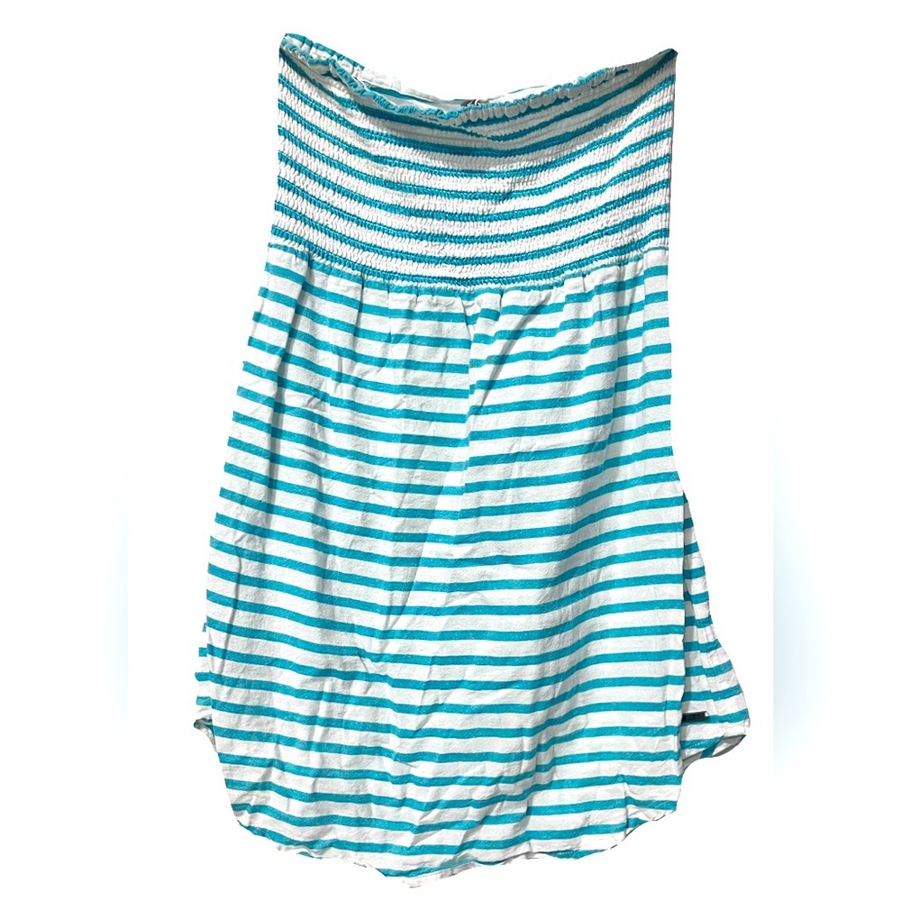 Roxy Large Turquoise White Striped Smocked Strapless Tube Top